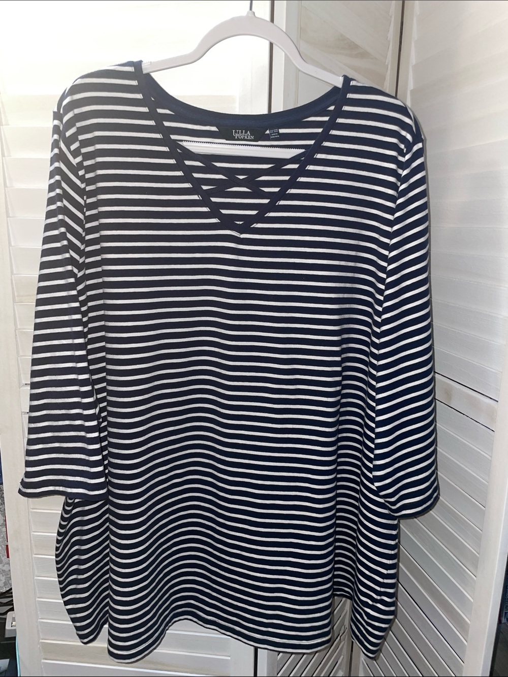 Ulla Popken Navy and White Striped V-Neck Tee with Crisscross Detail